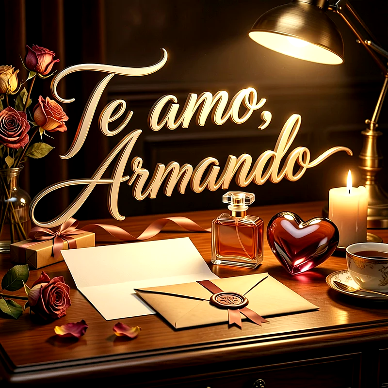Imagen romántica con el nombre Armando y la frase Te amo, sobre un escritorio elegante con cartas de amor, rosas y velas encendidas.
