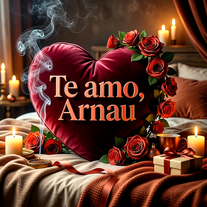 Imagen romántica de un cojín en forma de corazón con rosas rojas, velas encendidas y un regalo, con el nombre Arnau escrito claramente sobre el corazón.
