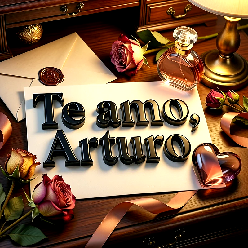 Imagen romántica con carta de amor, rosas hermosas y un corazón de cristal, con el nombre Arturo en letras oscuras.