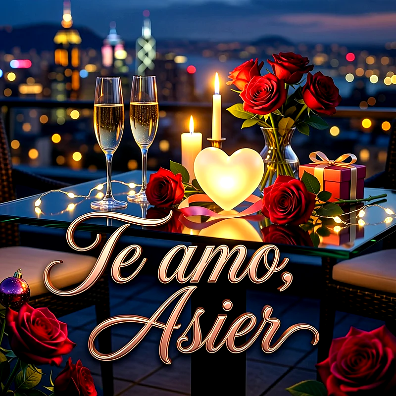Cena romántica nocturna con rosas rojas, copas, velas encendidas y corazón luminoso con la frase Te amo, Asier en letras elegantes.