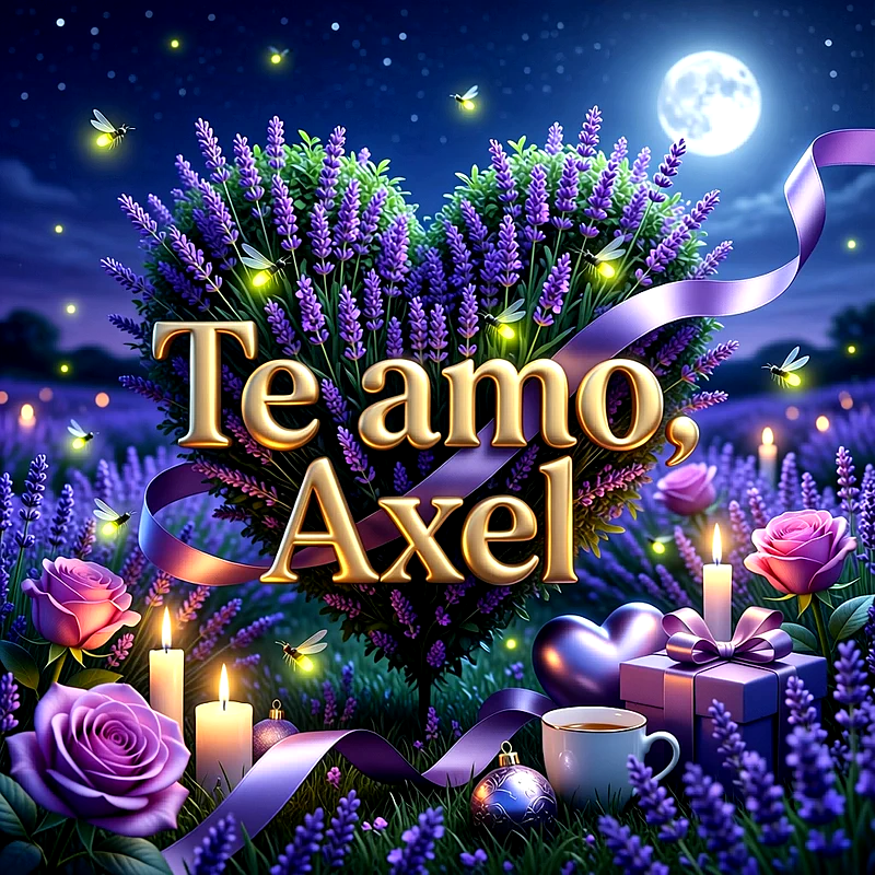 Imagen romántica con corazón de flores de lavanda, rosas lilas, velas encendidas y luna llena, con la frase Te amo Axel en letras doradas.