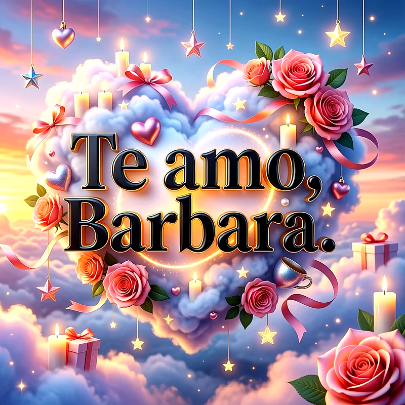 Imagen romántica con el nombre Barbara, decorada con rosas rosadas, estrellas brillantes, nubes en forma de corazón y velas sobre fondo suave.