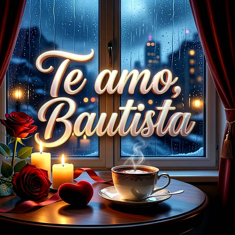 Imagen romántica junto a una ventana lluviosa con rosas rojas, velas encendidas, taza de café y el texto Te amo, Bautista al centro.