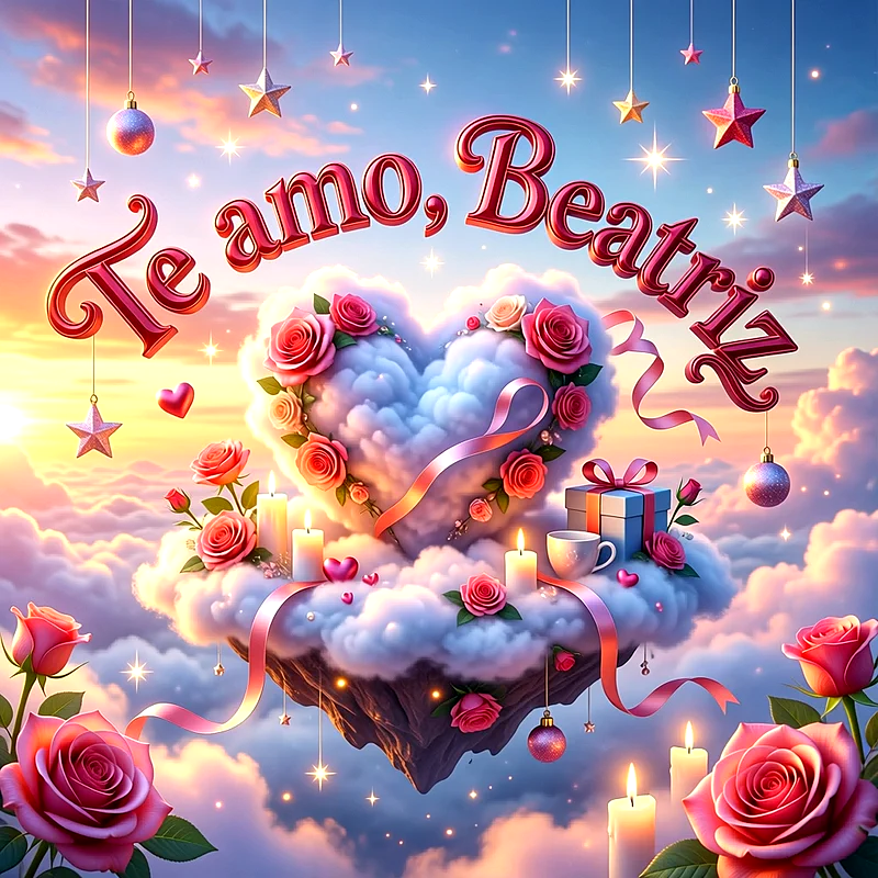 Imagen romántica con el nombre Beatriz en letras rosadas flotando sobre un corazón de nubes rodeado de rosas, estrellas y velas encendidas.