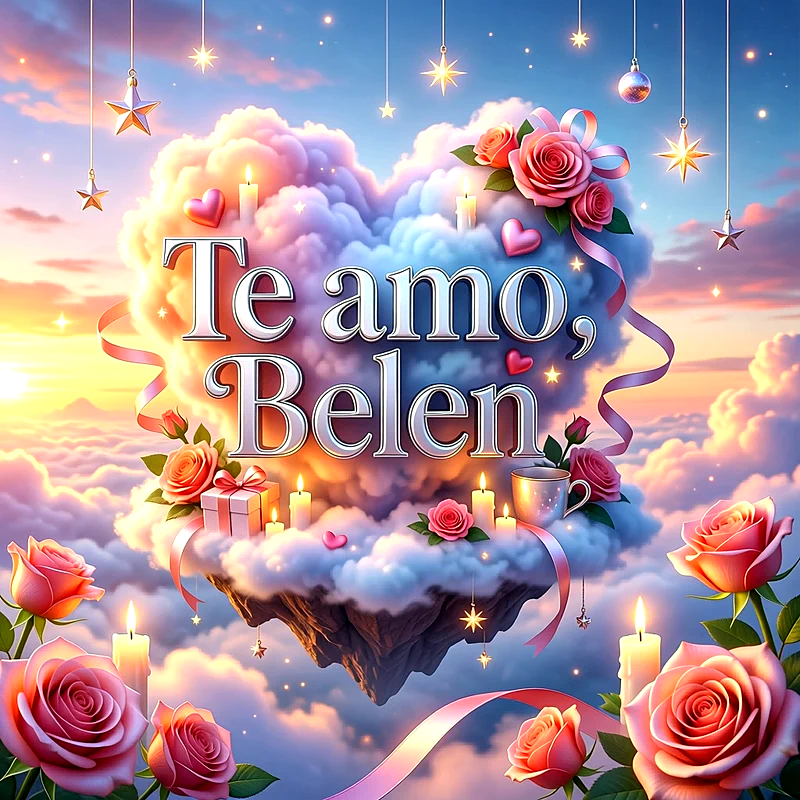 Imagen romántica en el cielo con nubes en forma de corazón, rosas rosadas, estrellas y el mensaje Te amo, Belen.