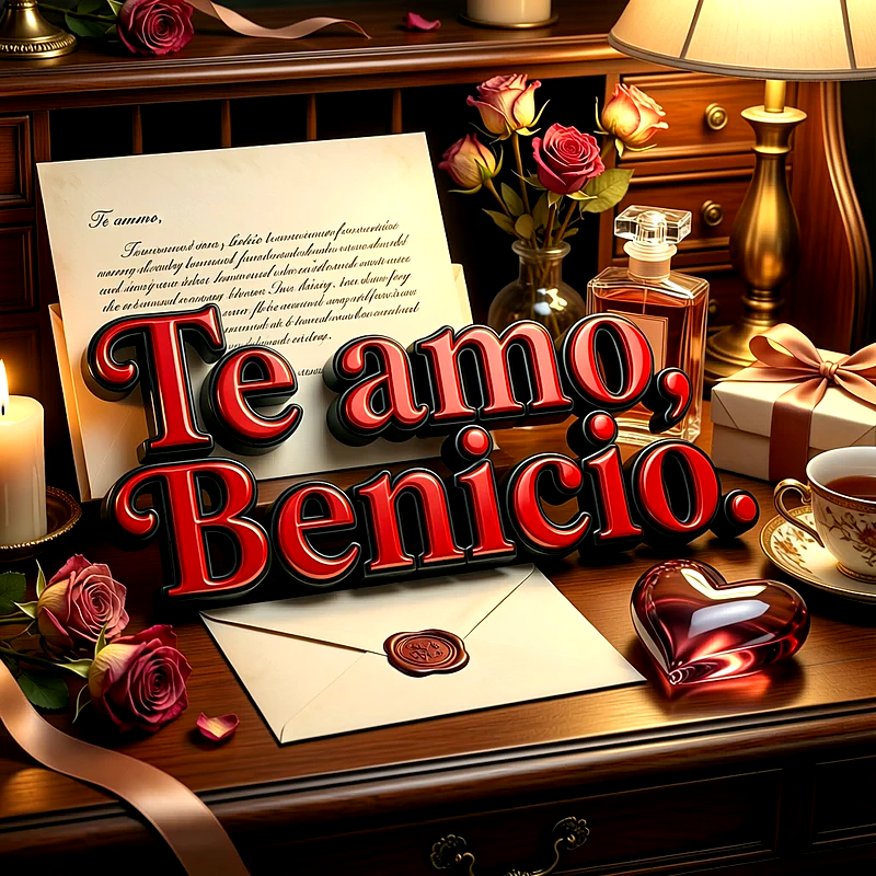 Imagen romántica con escritorio de madera, rosas rojas, carta de amor, velas y un corazón de cristal, con el nombre Benicio escrito en letras grandes y rojas.