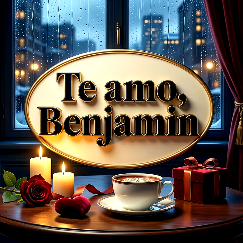 Imagen romántica con el nombre Benjamin escrito en un cartel ovalado, acompañada de velas encendidas, una rosa roja, una taza de café y un regalo sobre la mesa.