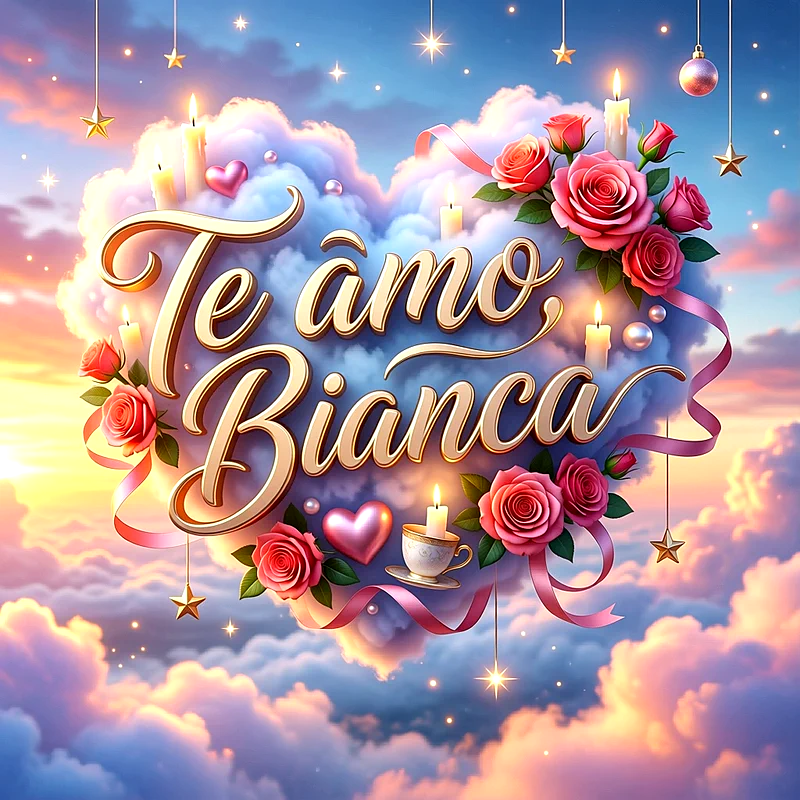 Imagen romántica en un cielo de atardecer con nubes en forma de corazón, rosas rosadas, velas encendidas y el nombre Bianca escrito en letras doradas.