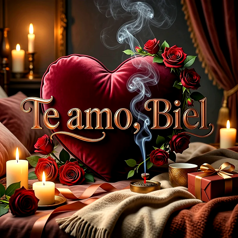 Imagen romántica con un cojín de corazón rojo, rosas y velas encendidas, con el texto Te amo, Biel escrito en letras doradas.