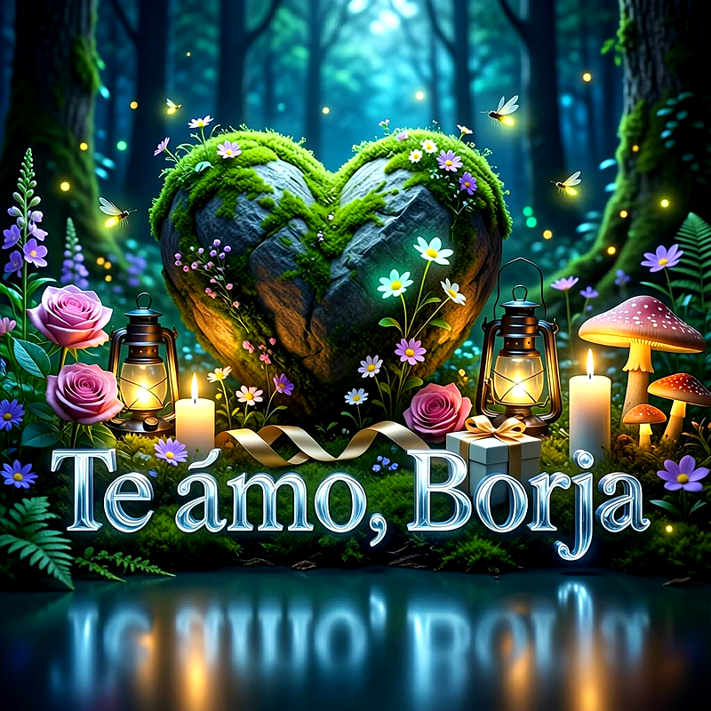 Imagen romántica en un bosque mágico con un corazón de musgo, rosas rosadas, velas encendidas y el nombre Borja escrito en letras brillantes.
