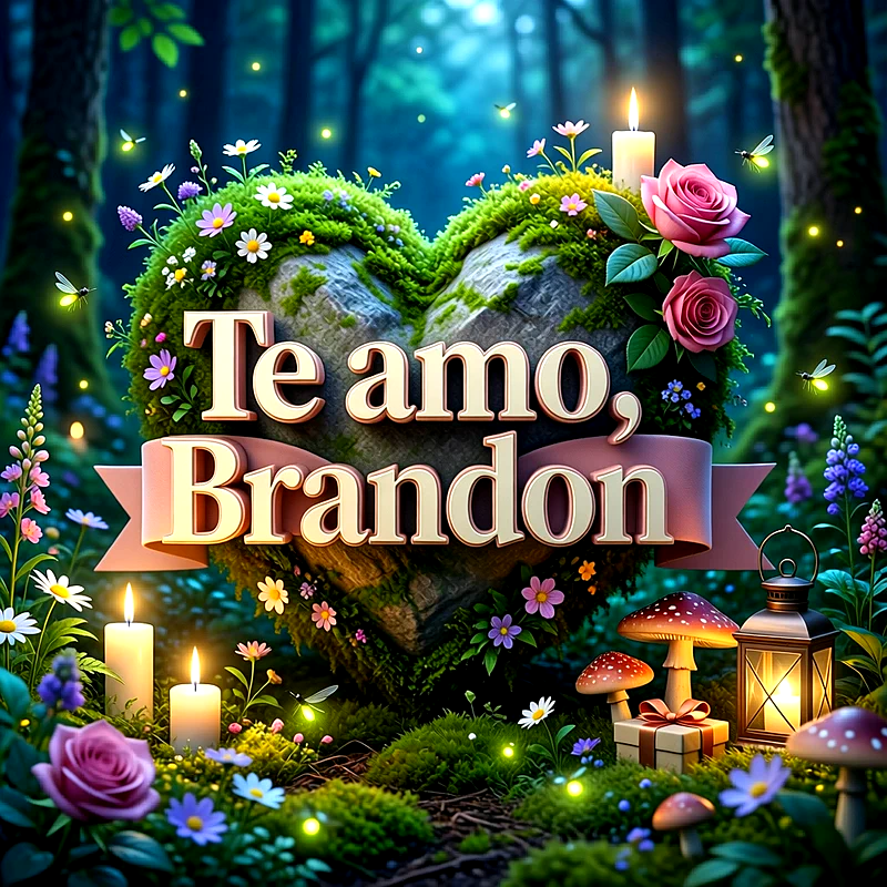 Imagen romántica en un bosque mágico con un corazón de piedra, rosas rosadas, velas encendidas y un cartel que dice Te amo Brandon.