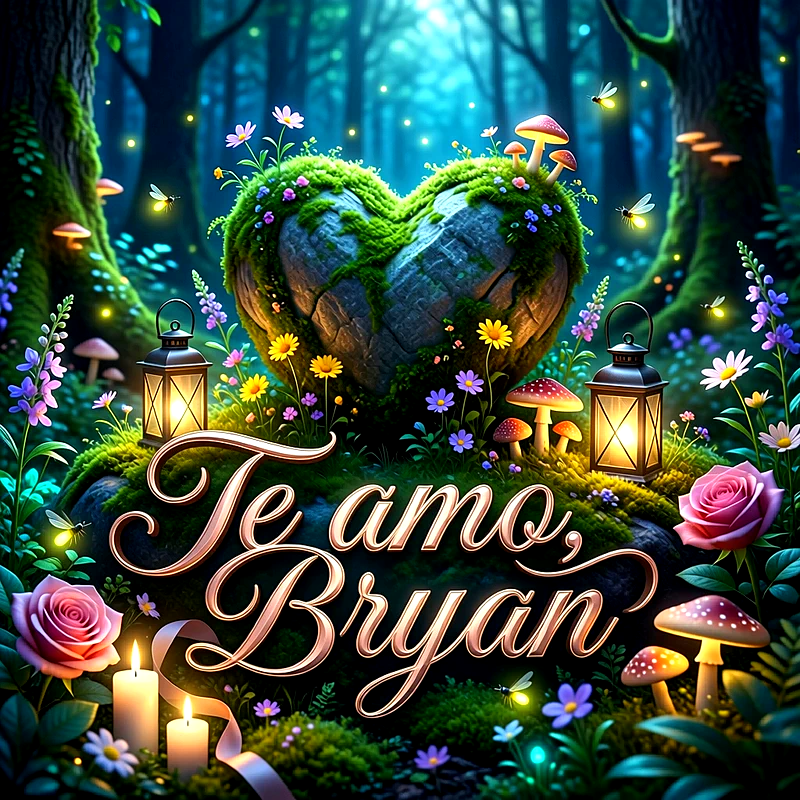 Imagen romántica en un bosque mágico con corazón de piedra, flores, faroles y velas encendidas, con el nombre Brayan al frente.