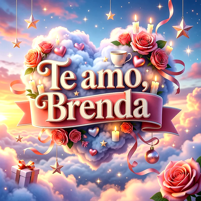 Imagen romántica en tonos rosa y pastel con nubes, rosas, estrellas brillantes y velas encendidas, destacando el texto Te amo Brenda en una cinta rosa.