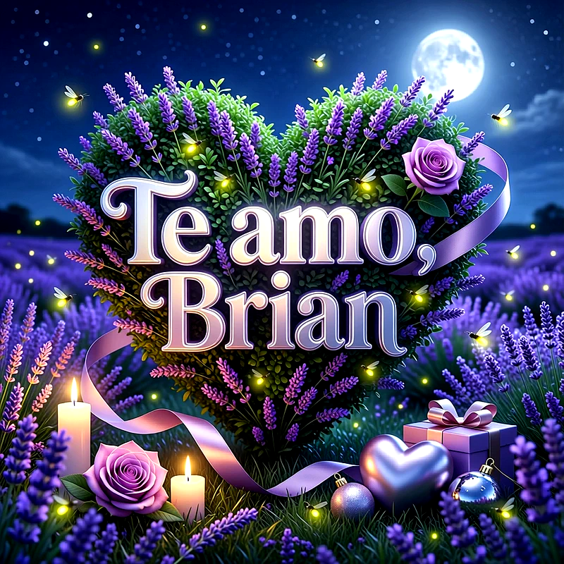Imagen romántica en un campo nocturno con corazón de lavanda, velas encendidas, luciérnagas, rosas y el nombre Brian en letras blancas.