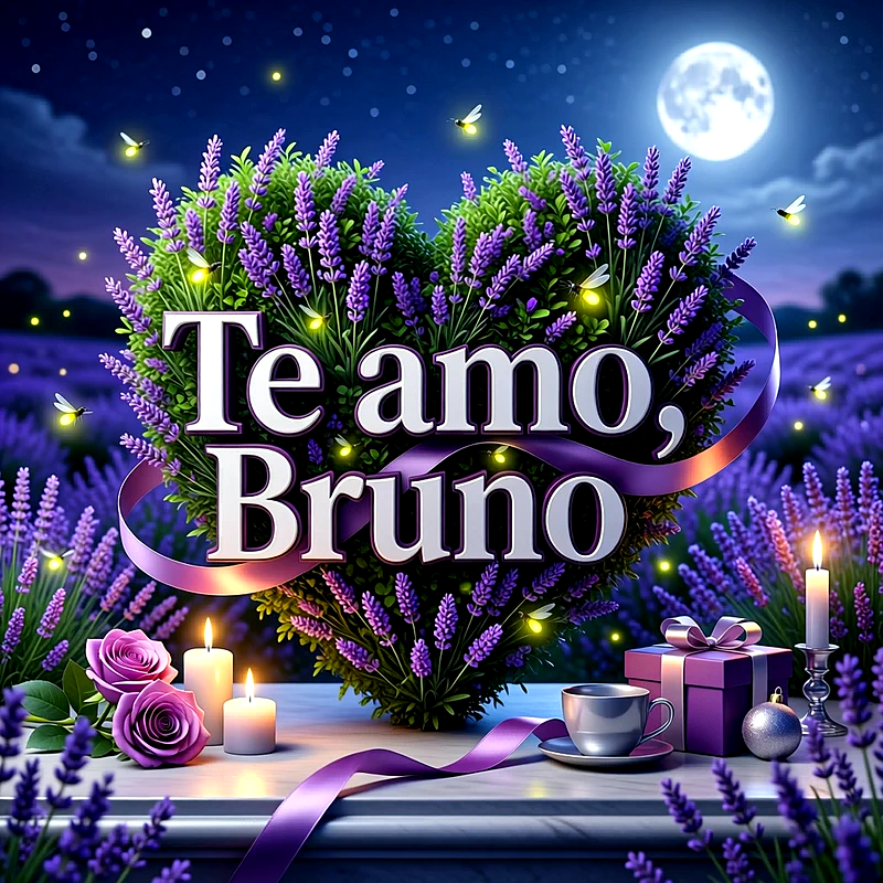 Imagen romántica con corazón de flores de lavanda, velas encendidas, luna llena y el texto Te amo, Bruno en letras blancas.