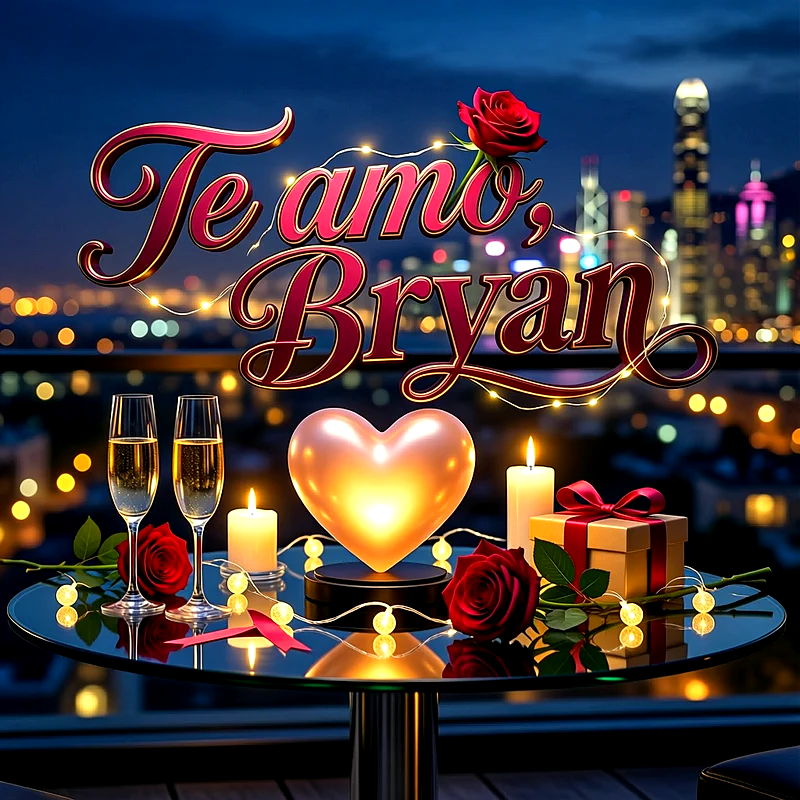 Imagen romántica con velas, rosas rojas y un corazón luminoso sobre una mesa de noche, con el texto Te amo Bryan escrito.