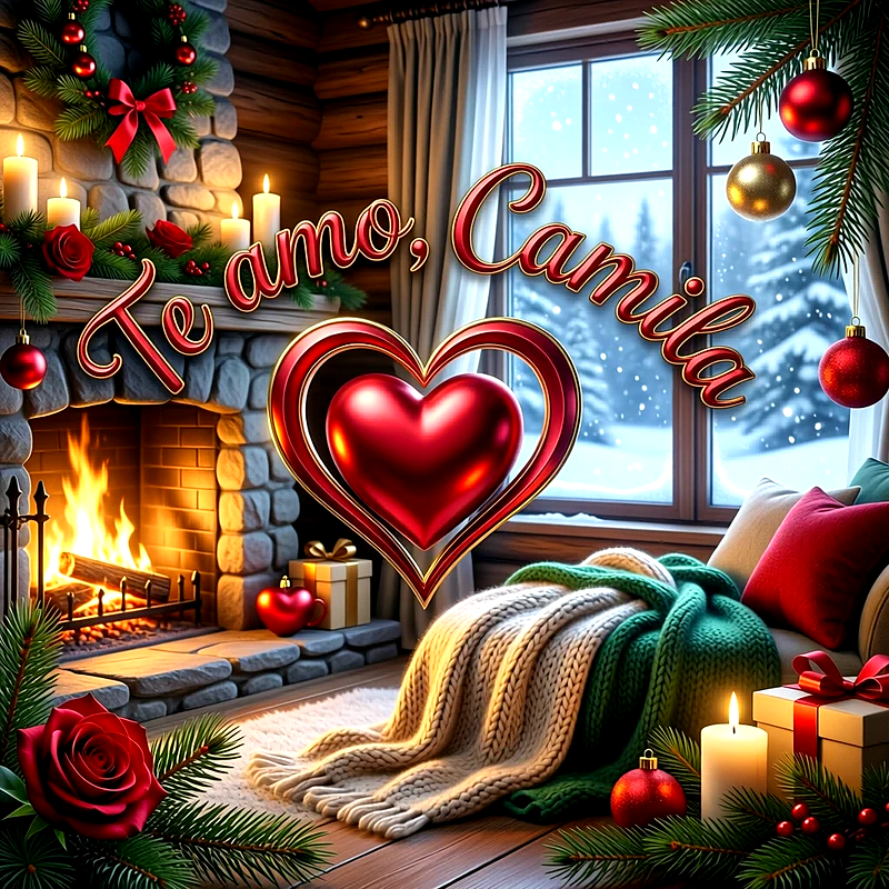 Imagen romántica con chimenea encendida, velas, rosas rojas y un gran corazón rojo con la frase Te amo Camila.