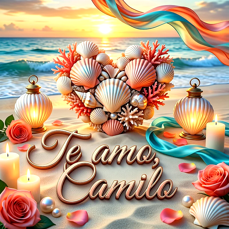 Imagen romántica en la playa al atardecer con un corazón de conchas marinas, velas encendidas, rosas y el nombre Camilo en la arena.