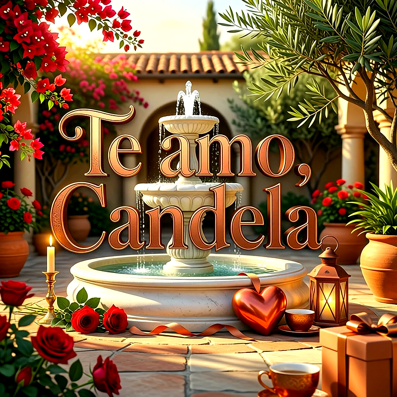 Imagen romántica con fuente de agua, rosas rojas, farol y corazón brillante, con el texto Te amo Candela en letras elegantes.