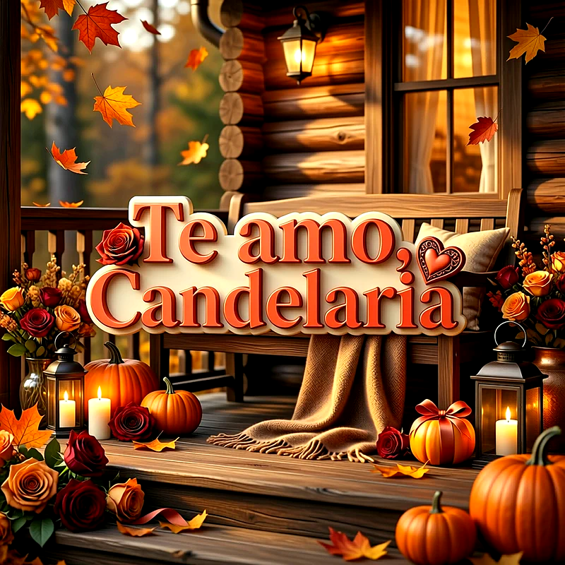 Imagen romántica en un porche otoñal con calabazas, velas encendidas, rosas rojas y el nombre Candelaria escrito junto a la frase Te amo.