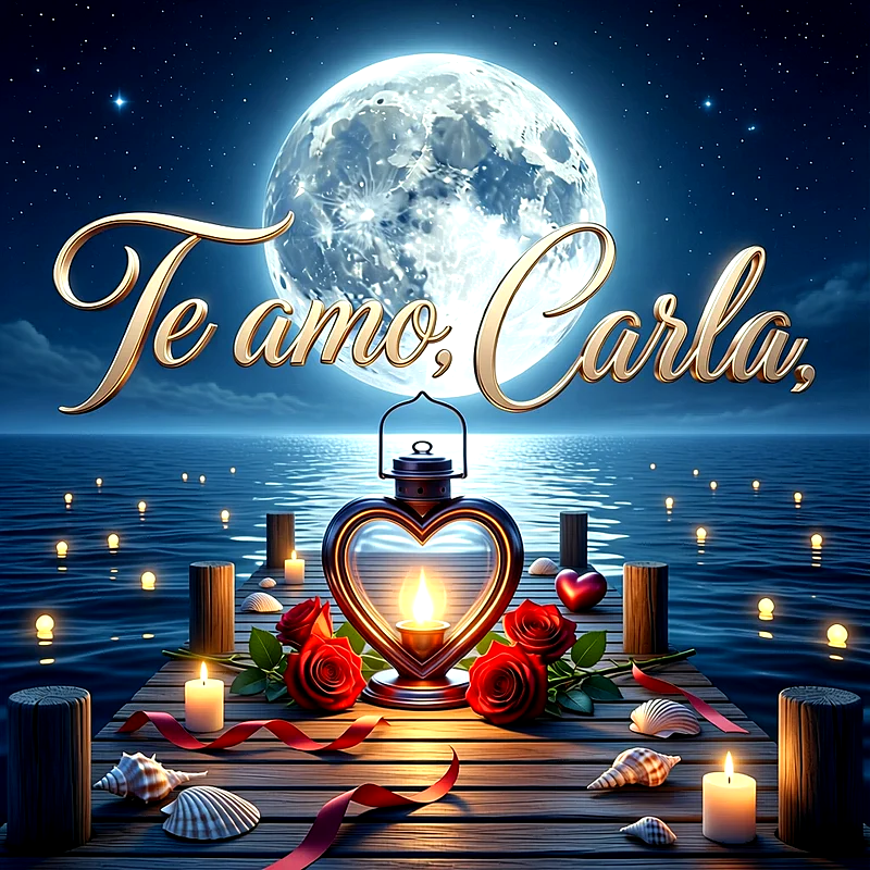 Imagen romántica nocturna con la luna llena sobre el mar, un muelle con velas, rosas rojas y el texto Te amo Carla en letras doradas.