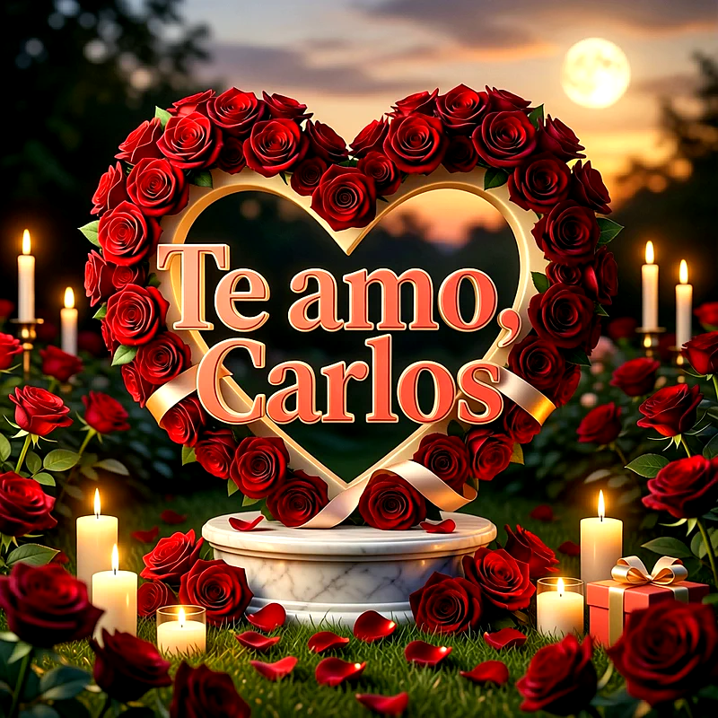 Imagen romántica con un gran corazón de rosas rojas y velas encendidas al atardecer con el texto Te amo Carlos al centro.