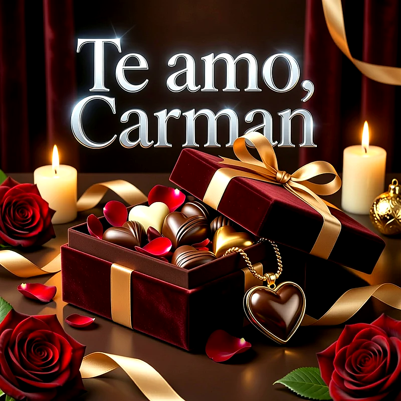 Caja de bombones con forma de corazón, rosas rojas, velas encendidas y el nombre Carmen en letras brillantes sobre fondo elegante.