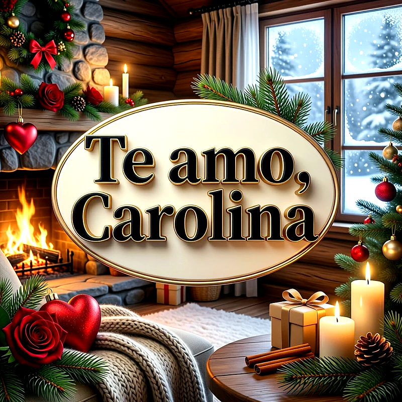 Imagen romántica con fondo de cabaña invernal, chimenea encendida, velas y rosas rojas, con la frase Te amo Carolina escrita al centro.