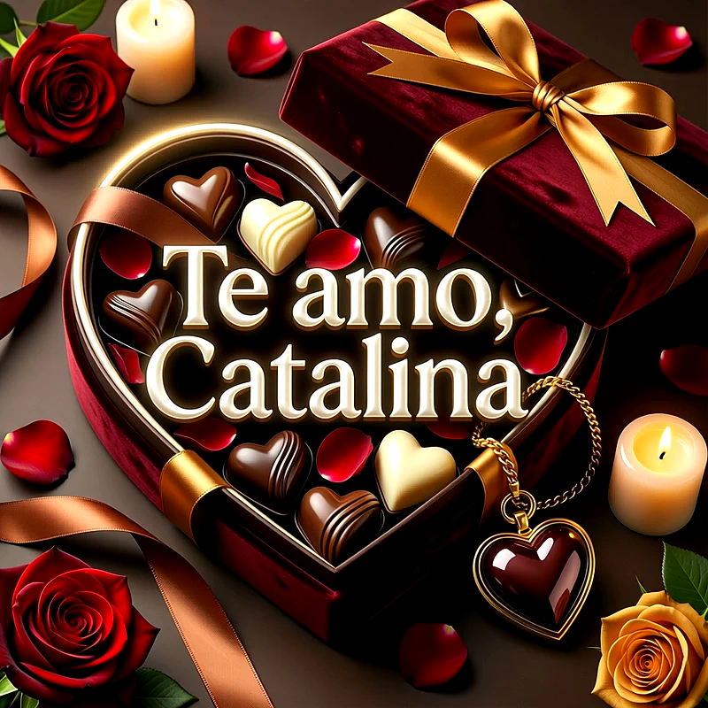Caja en forma de corazón con bombones, rosas rojas, velas encendidas y la frase Te amo, Catalina en letras doradas y blancas.