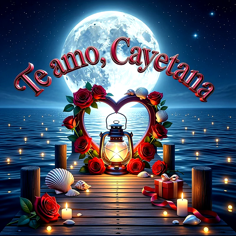 Imagen romántica nocturna en un muelle frente al mar bajo la luna llena, con rosas rojas, farol y la frase Te amo Cayetana.