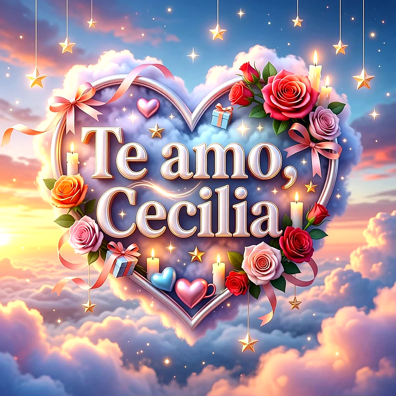 Imagen romántica con nubes en forma de corazón, rosas rojas, estrellas y velas, con la frase Te amo Cecilia al centro.