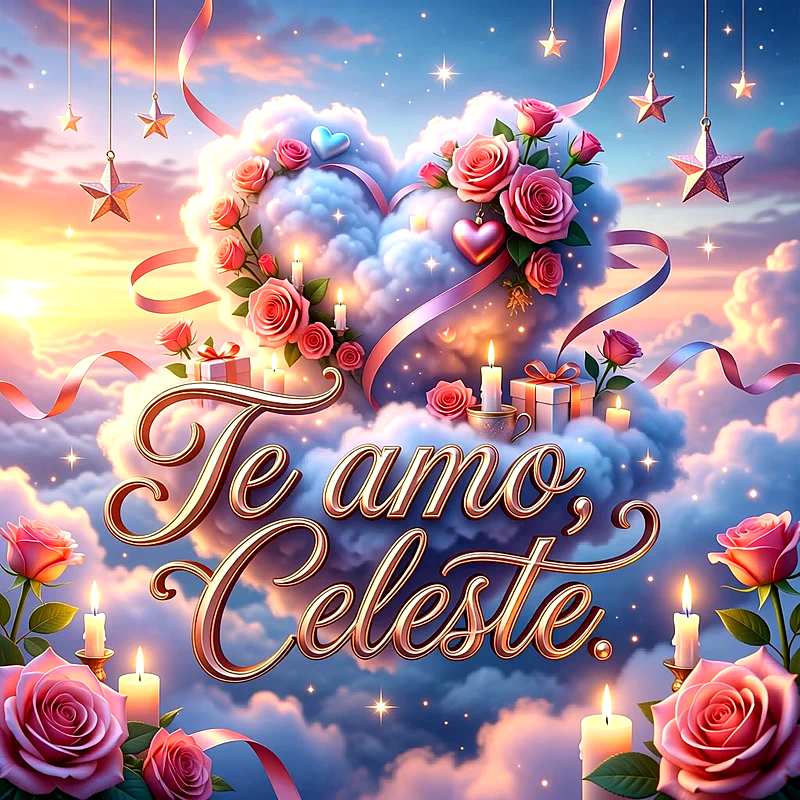 Imagen romántica con nubes en forma de corazón, rosas rosadas, estrellas y velas encendidas, con la frase Te amo Celeste en letras doradas.