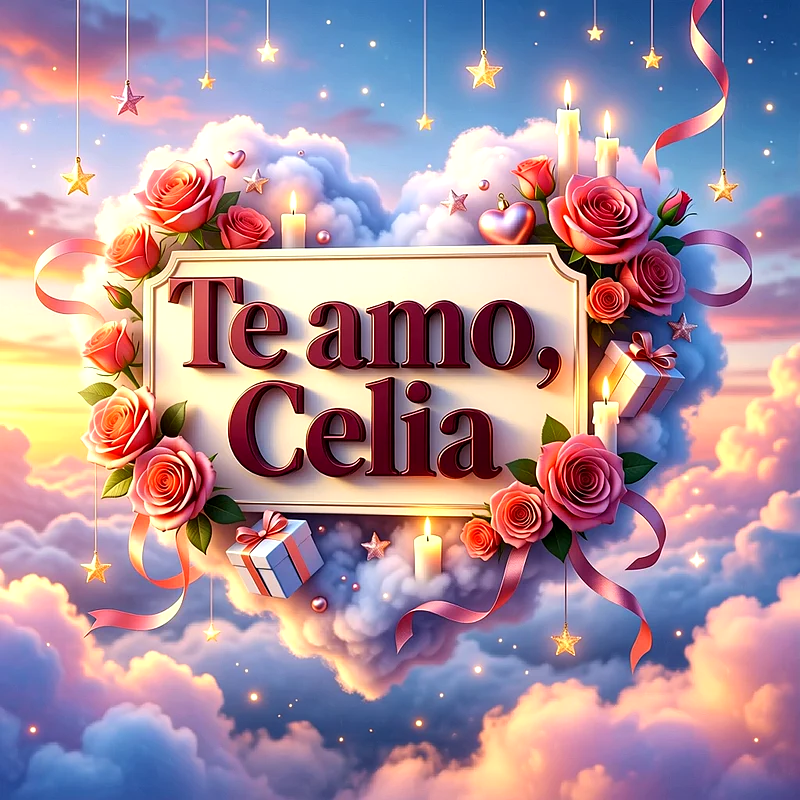 Imagen romántica con nubes en forma de corazón, rosas rosadas, velas y estrellas, con el texto Te amo, Celia en un cartel central.