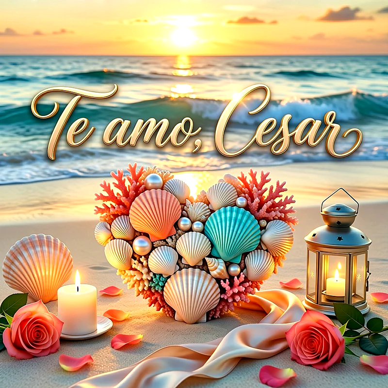 Imagen romántica en la playa con atardecer, velas, rosas rosadas y un corazón de conchas con Te amo Cesar escrito en letras doradas.