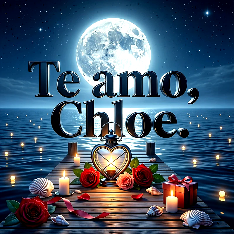 Imagen romántica nocturna en un muelle con luna llena, rosas rojas, velas encendidas y el nombre Chloe escrito en letras grandes.