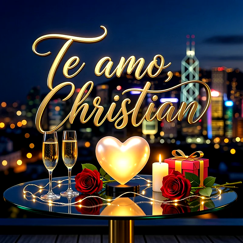 Imagen romántica nocturna con rosas rojas, corazón luminoso, velas y copas con el texto Te amo, Christian en letras doradas.