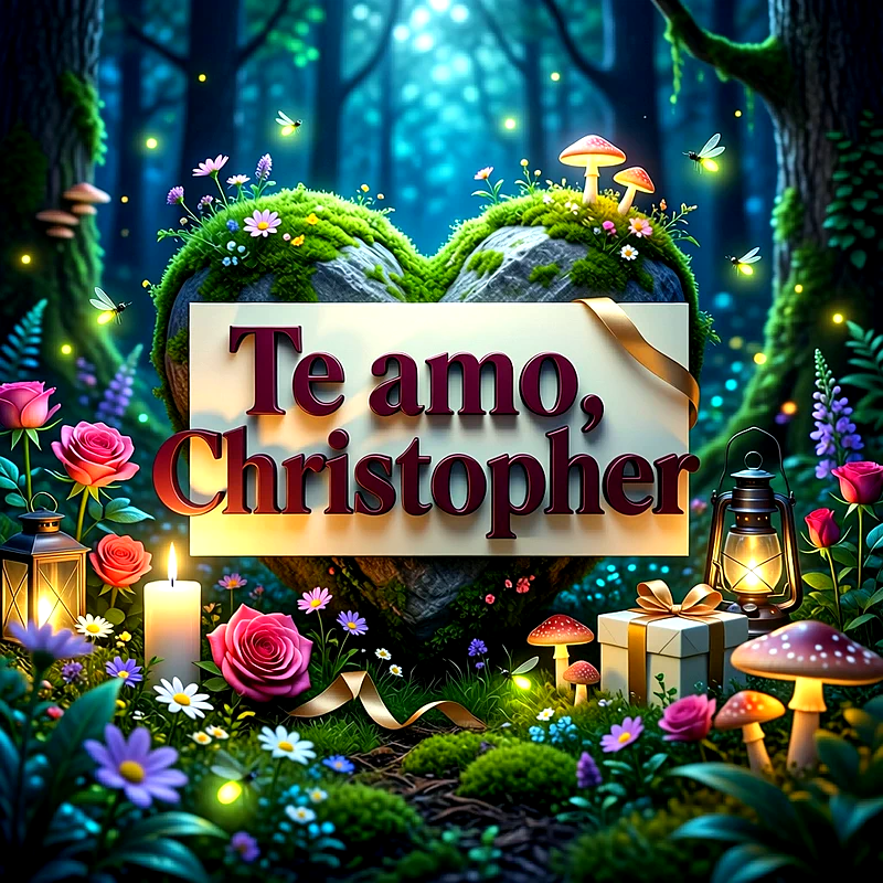 Imagen romántica en un bosque mágico con un corazón de piedra cubierto de musgo, rosas rosadas, velas encendidas y el nombre Christopher.