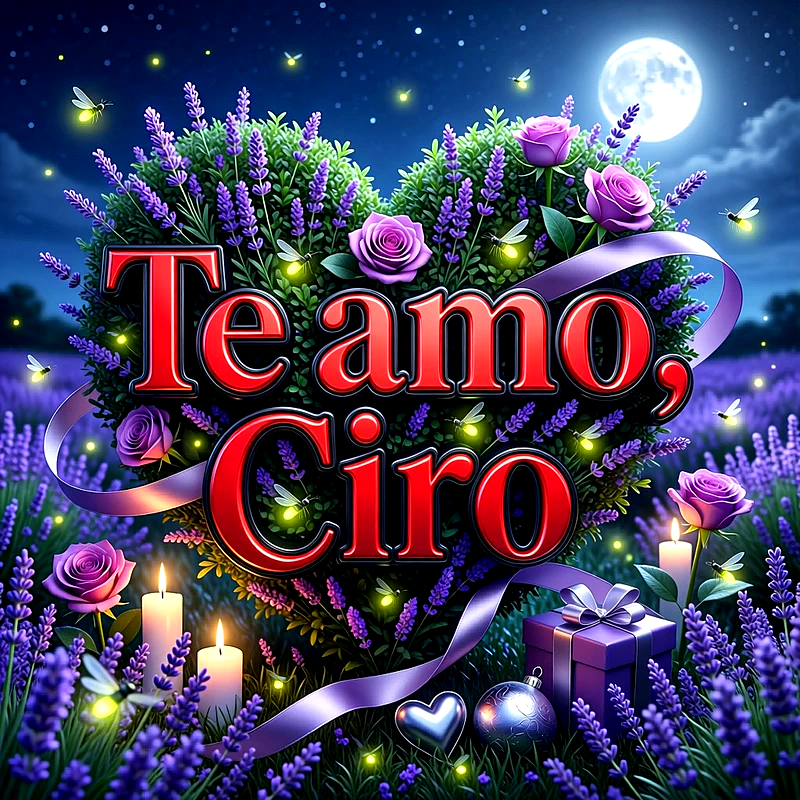 Imagen romántica nocturna con flores de lavanda, rosas púrpuras, luciernagas y luna llena, con la frase Te Amo Ciro destacada.