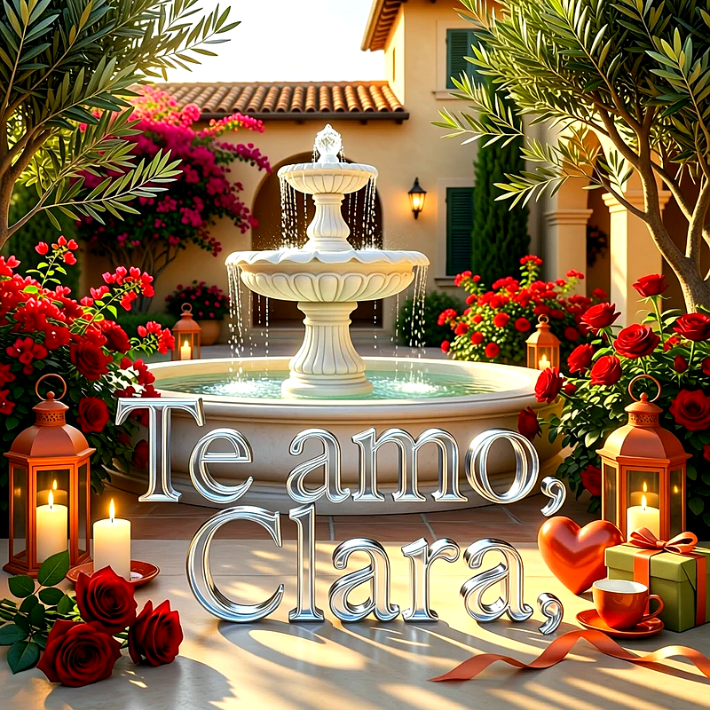Imagen romántica en un patio con fuente de agua, rosas rojas, faroles encendidos y el texto Te amo, Clara en letras plateadas.