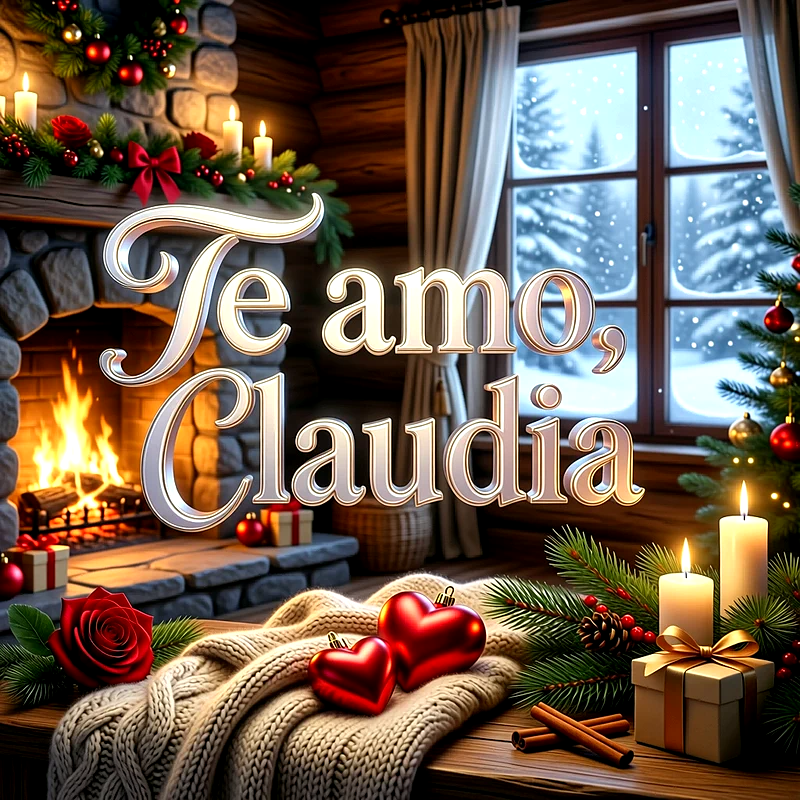 Imagen romántica con chimenea encendida, velas, corazones rojos y una rosa, con la frase Te amo Claudia en letras grandes.