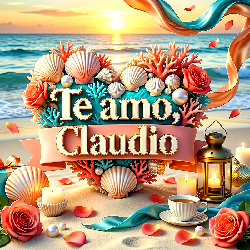 Imagen romántica en la playa con atardecer, conchas marinas, perlas, velas y rosas, con el texto Te amo, Claudio.