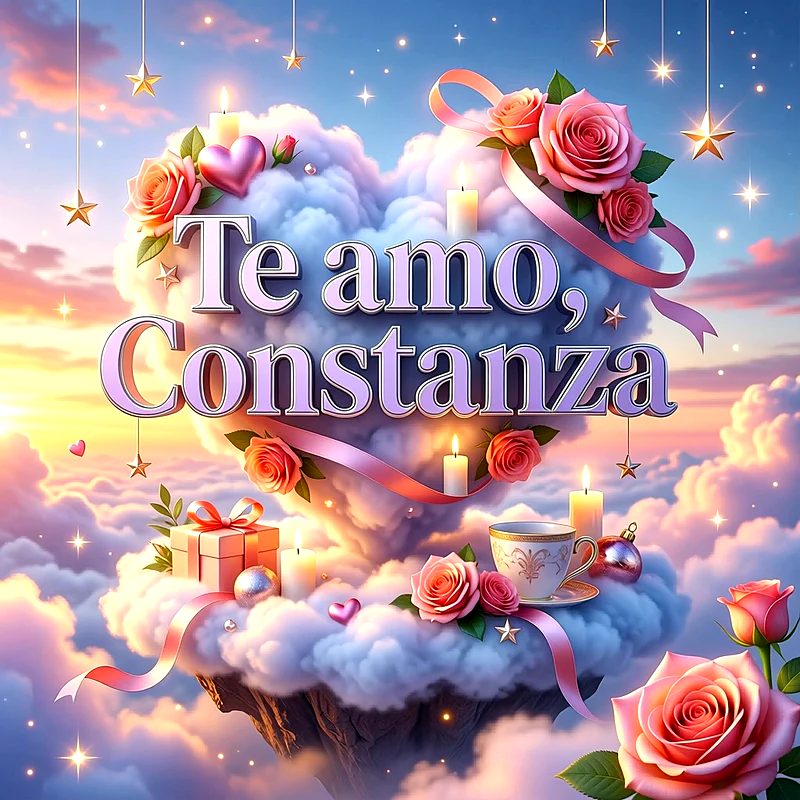 Imagen romántica en el cielo con nubes en forma de corazón, rosas rosadas, velas y estrellas, con el texto Te amo, Constanza.
