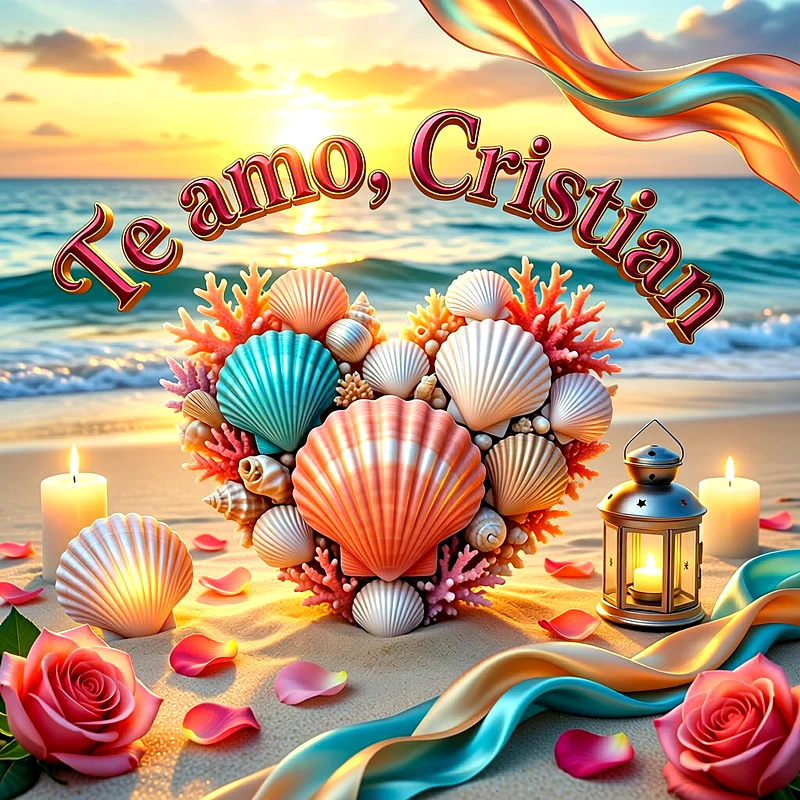 Imagen romántica en la playa con atardecer, velas, rosas y un corazón de conchas con el texto Te amo, Cristian.