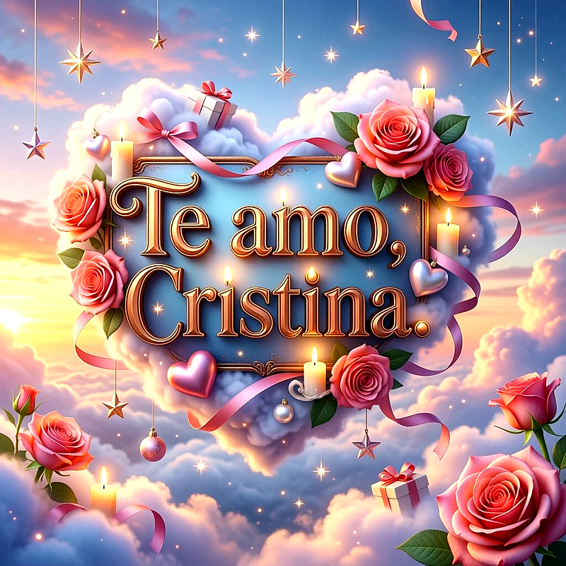 Imagen romántica con rosas rosadas, nubes y velas encendidas, con la frase Te amo Cristina escrita en letras doradas.