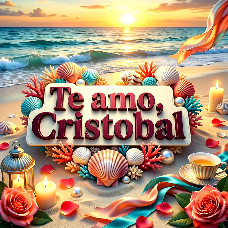 Imagen romántica frente al mar con atardecer, conchas marinas, velas y rosas, con la frase Te amo Cristobal en un cartel decorativo.