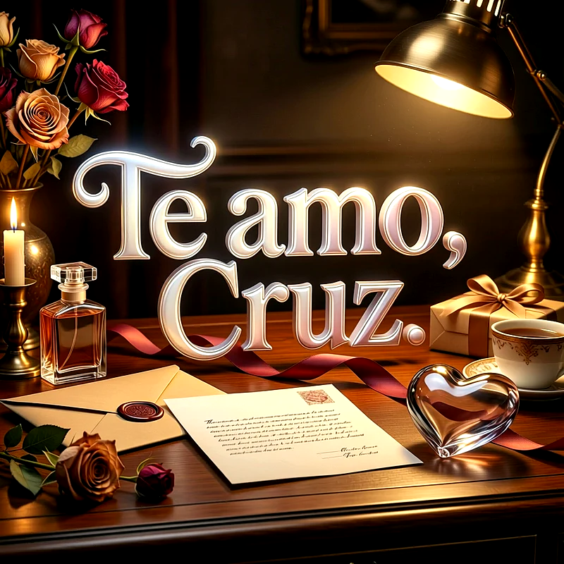 Imagen romántica con carta de amor, rosas, velas y un corazón de cristal sobre un escritorio, con el texto Te amo, Cruz en letras brillantes.