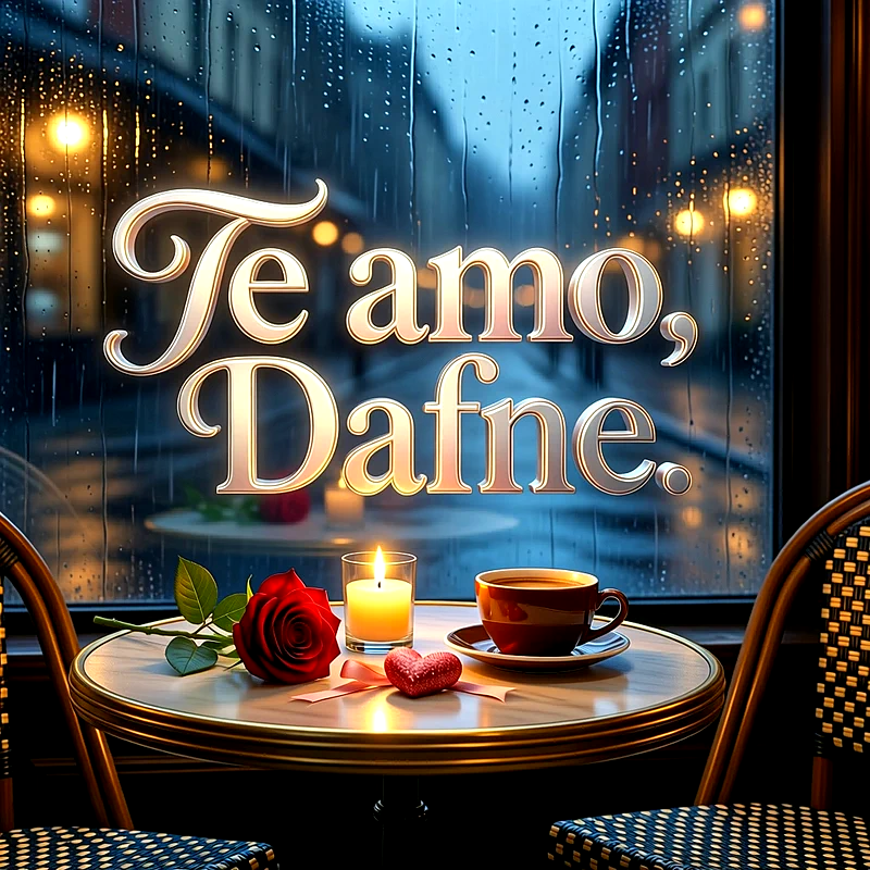 Imagen romántica junto a una ventana con lluvia, taza de café, vela encendida, rosa roja y el texto Te amo, Dafne.