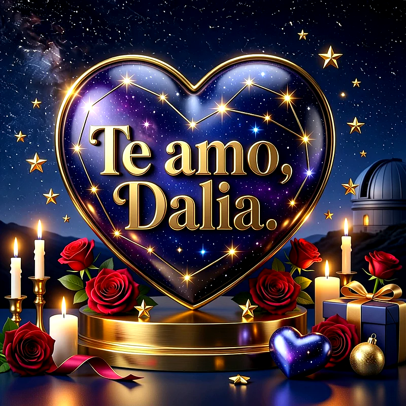 Imagen romántica nocturna con gran corazón de cristal, fondo de cielo estrellado, velas y rosas rojas con el nombre Dalia escrito.