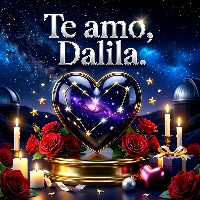 Imagen romántica con cielo estrellado, corazón de galaxia, rosas rojas y velas, con el texto Te amo Dalila en letras blancas.
