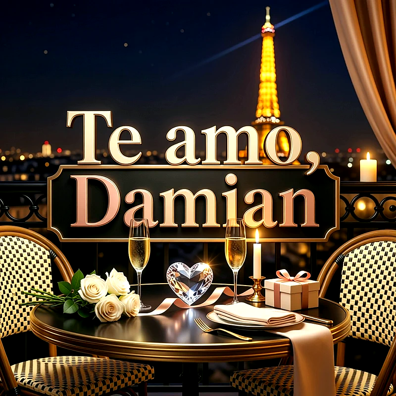 Cena romántica en terraza con copas, rosas blancas, velas y vista a la Torre Eiffel, con el texto Te amo, Damian en letras doradas.